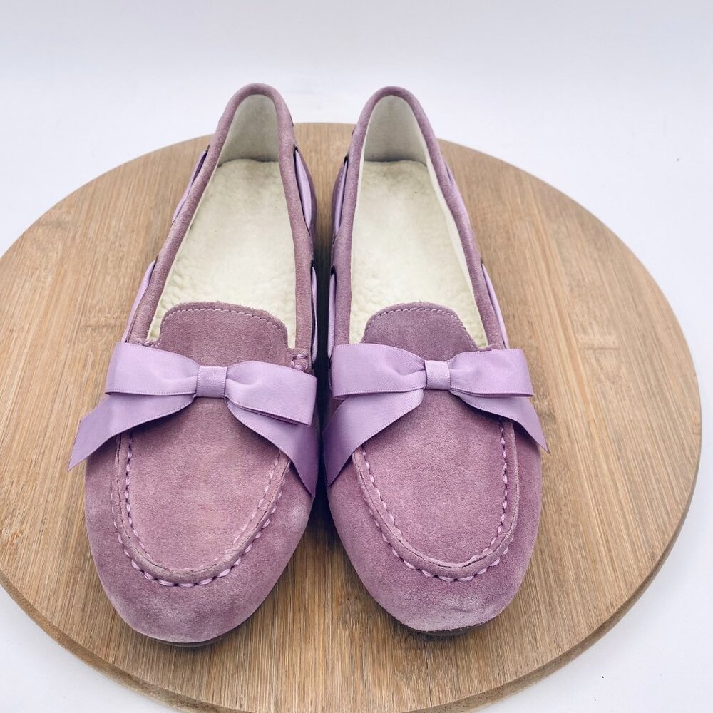 Vionic Shoes Womens 6 Purple Suede Orthopedic Flats Loafers Fleece Lined Bow